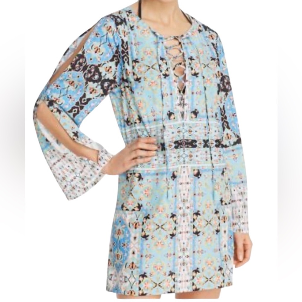 Nanette Lepore Tapestry Tunic Swim Blue Tassels Boho Open Sleeve Coverup M